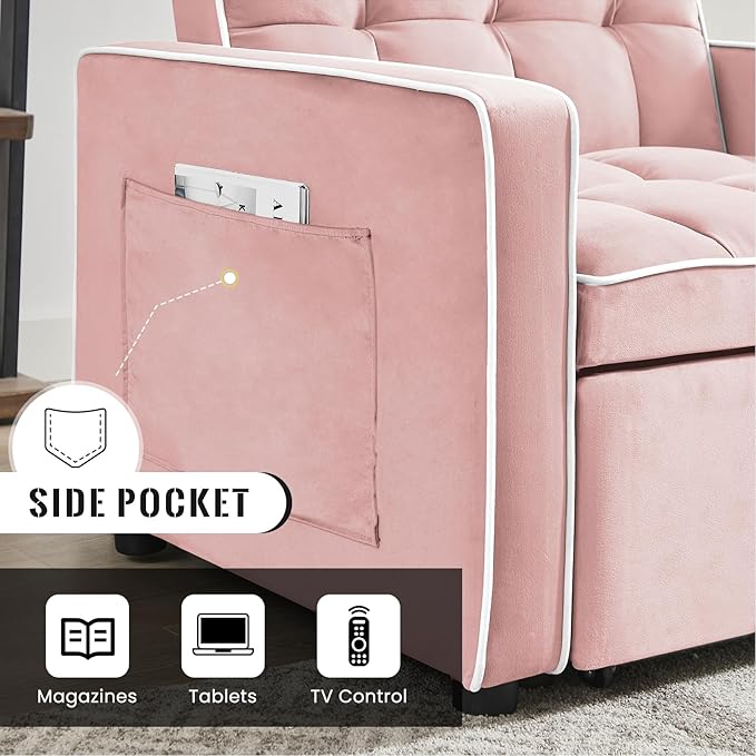3 in 1 Velvet Sleeper Chair with Pull Out Bed Convertible Single Sofa Bed Futon Modern Tufted Chair with Adjustable Backrest Pullout Sleeper Sofa Chair for Bedroom Living Room Lounge (Pink)
