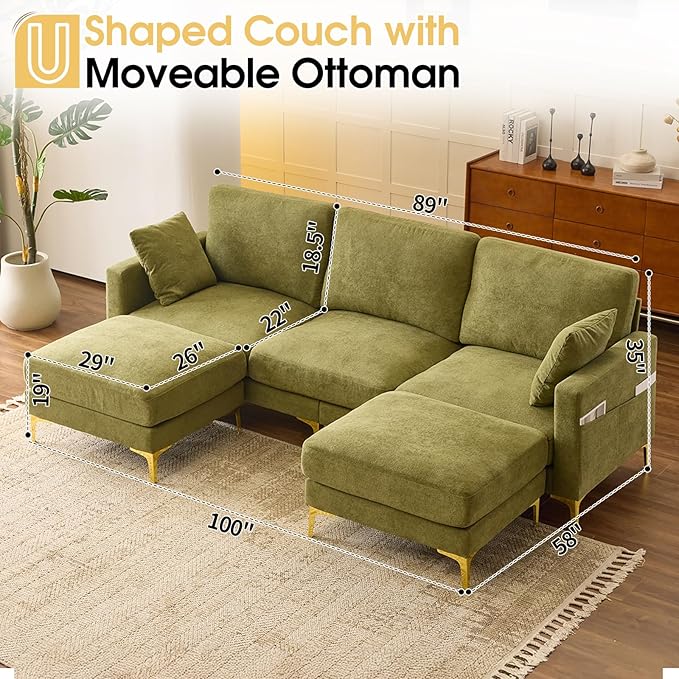VINGLI 100 W U Shaped Couch with Ottoman 22 Deep Seat Comfortable Sectional Couches for Living Room 3 Seater Chenille Fabric Cloud Sofa for Apartment Small Spaces Bedroom Green