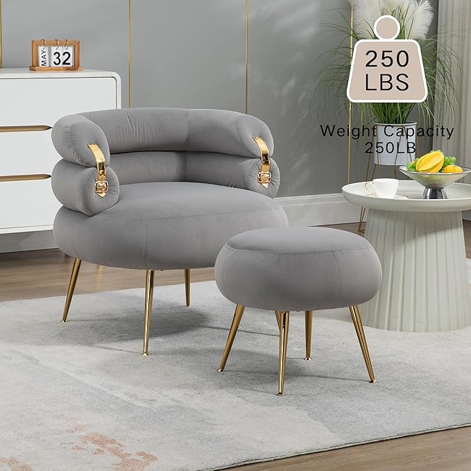Velvet Accent Chair with OttomanModern Upholstered Armchair Tufted Chair with FootstoolSingle Sofa Chair with Golden Metal Legsfor Living Room (Gray-Chair and Ottoman)