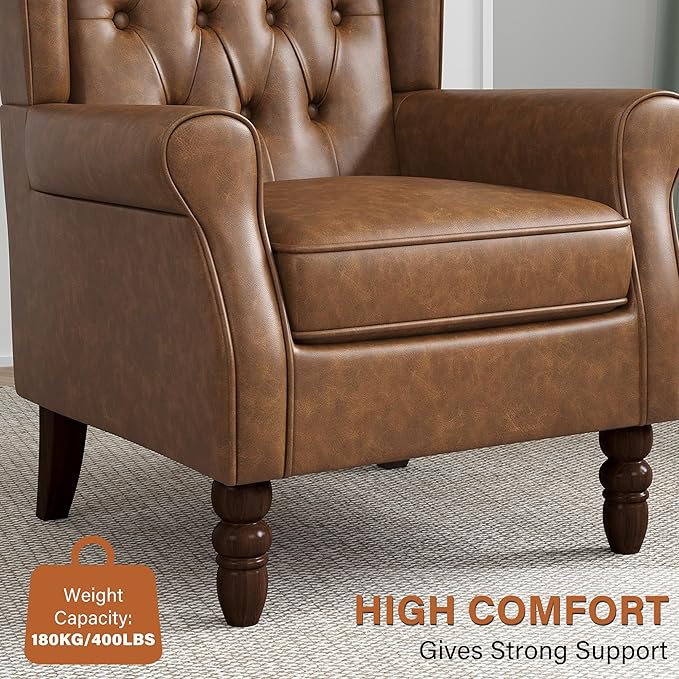 High Back Accent Chair Faux Leather High Wingback Chair for Living Room Button-Tufted Upholstered Armchair with Solid Wood Legs Comfy Single Sofa Reading Chair for Bedroom Brown