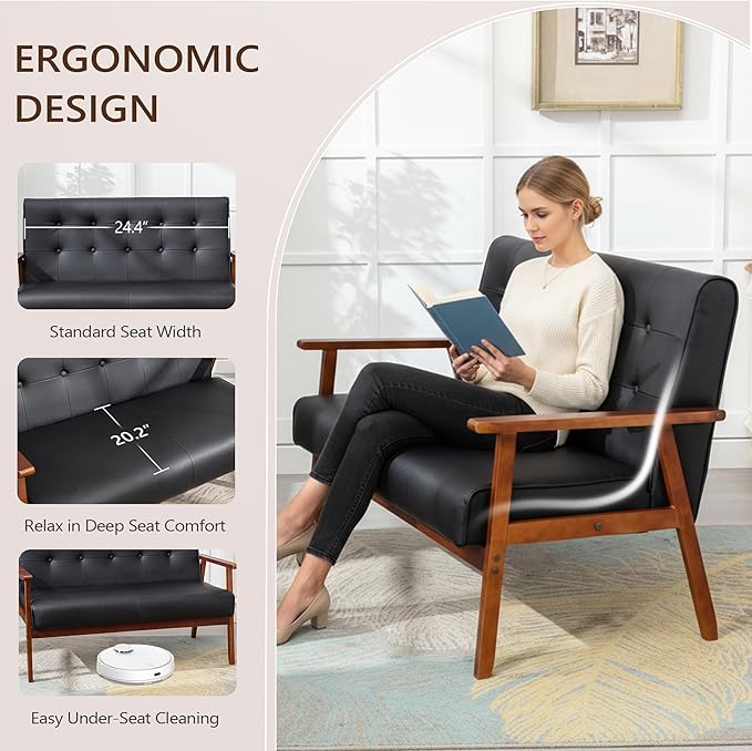 JIASTING Mid-Century Modern Solid Loveseat Sofa Upholstered Faux Leather Couch 2-Seat Wood Armchair Living Room/Outdoor Lounge Chair Waiting Room Sofa 50”W
