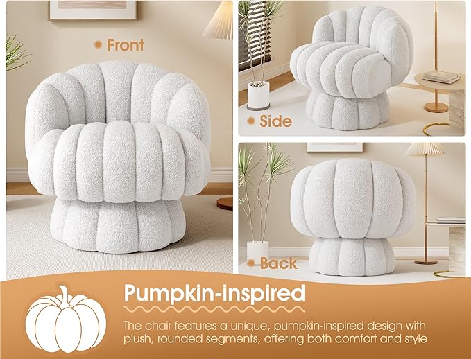 Mid Century Modern 360 Degree Barrel Swivel Accent Vanity ChairFluffy Sherpa Fabric Lounge Wide Upholstered Pumpkin Reading Chair Round Cloud Armchair for Living RoomBedroomVanity(Beige)