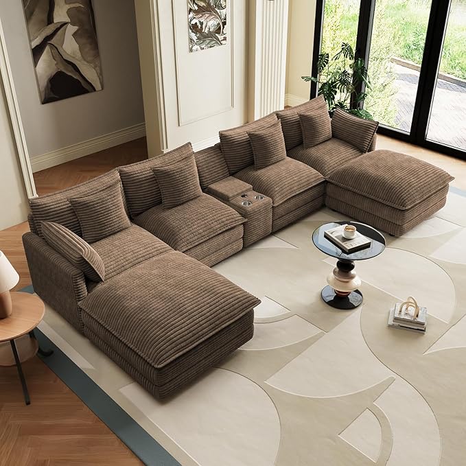 143 Oversized Modular Sectional Sofa U Shaped Cloud Couch Modern 6 Seat Sofa Set for Living Room Comfy Corduroy Deep Seat with Storage Central Console Movable Ottomans Cup Holders USB Ports Brown