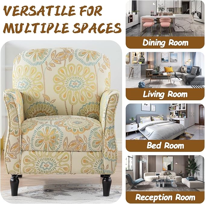 Floral Accent Chairs &amp Arm Chair for Living Room Fabic Side Chairs for Bedroom with High Back &amp Wood Legs