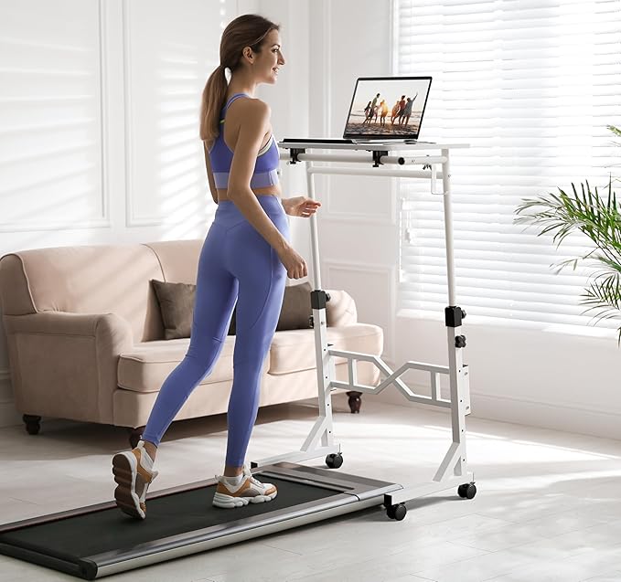Small Standing Desk with Wheels 29.5-45.3 Inch Adjustable Height Portable Treadmill Desk Rolling Computer Table for Walking Pad with a Cup Holder and a Hook