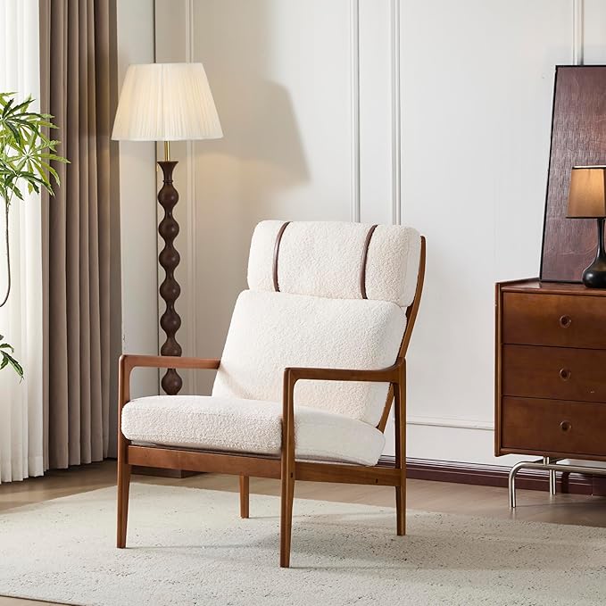 Christopher Knight Home Nadine Wooden Club Chair Upholstered Accent Chair Cushions Support Armchair Comfy Lounge Single Reading Sofa Solid Wood Frame Armchair for Living Room Home Ivory+Teak