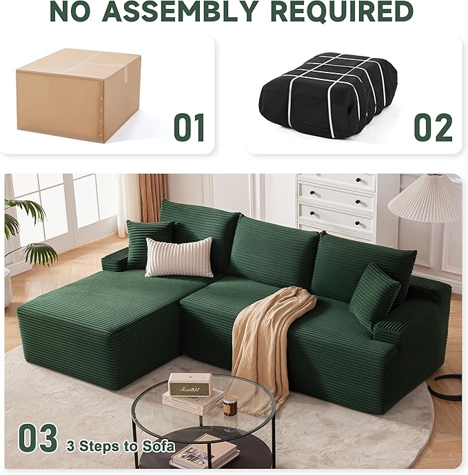 Cloud Sectional Couch Modular Sectional Sofa with Deep Seat Boneless Sofa for Living Room Fluffy Comfy Couch with L-Shaped Chaise Green