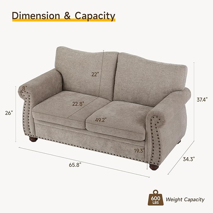 ONBRILL Nailhead Sofa 66 Inch Small Couch with Rolled Arms Chenille Fabric Loveseat w/Springs Seat Cushion Vintage Curved Back Turned Wood Legs Comfy Couch for Living Room Farmhouse Beige