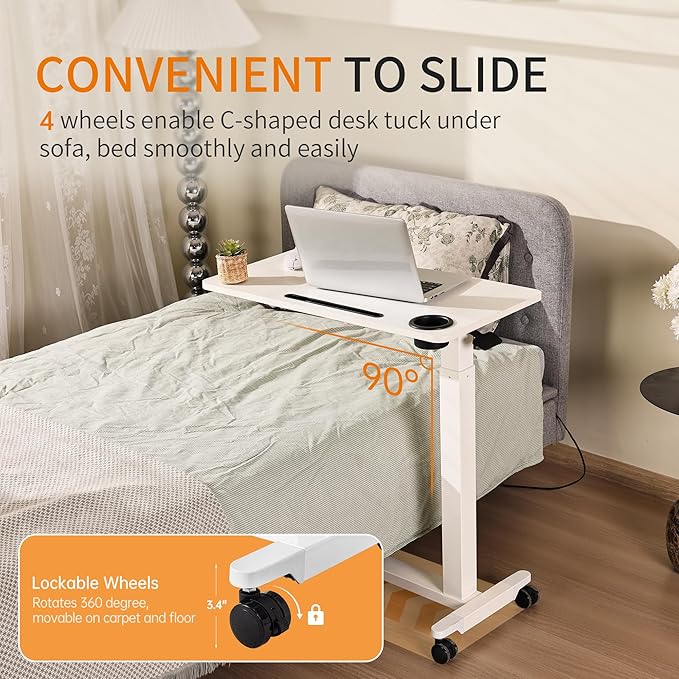 Height Adjustable Overbed Table with Drawer and Wheels Rolling Standing Laptop Desk Portable Bedside Tables with Slot Cup Holder Mobile Pneumatic Computer Cart White