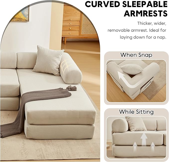 L Shaped Modular Sofa Bed with Cylindrical Pillow &amp Reversible Chaise Corduroy Folding Floor Convertible Sofa Couch Bed with Fixed-Shape Frame &amp Storage Pocket for Living Room Beige