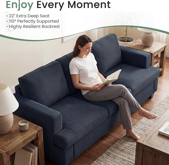 YOUDENOVA Sofa 63” Comfy Loveseat Sofa with Deep Seats Couch for Living Room Modern Sleeper Couch Blue Corduroy