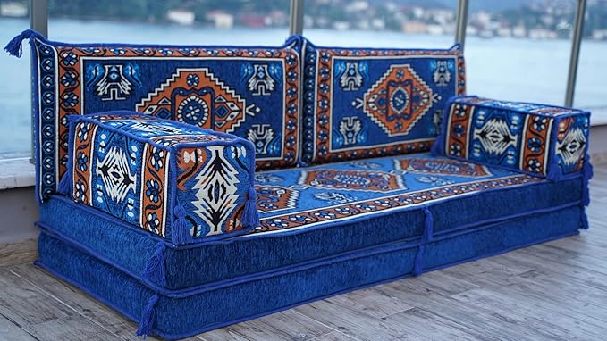 arabicsofa 8 Inch Thick Royal Blue Arabic Floor Cushion – Handmade Modular Majlis Seating with Backrest Pillows