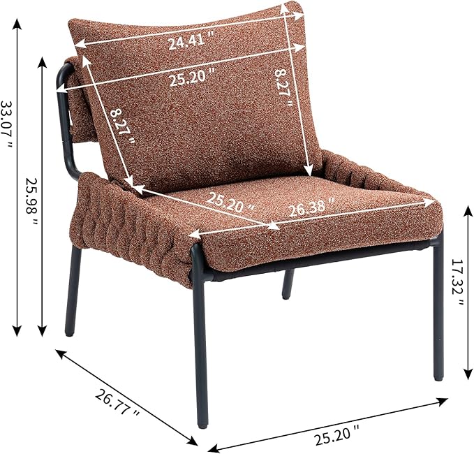 Modern Accent Lounge Chair with Braided Upholstery and Metal e Comfortable Armchair for Living Room or Bedroom Soft Cushioned Seat and Backrest Set of 1 (Brown)