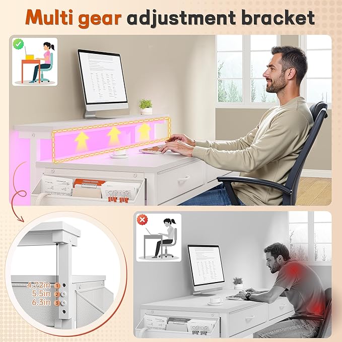 Computer Desk with 2 Drawers &amp LED Lights31.5 Inch Home Office Desks with Side Pocket and Monitor StandStudy Writing Table for Small SpacesWhite