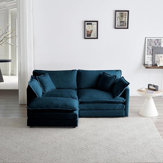 Deep Seat Cloud Loveseat Sofa Sectional Couch with Movable Ottoman 2 Seater Oversized L Shaped Corner Sofa Couches Comfy Chenille Love Seat for Living Room Bedroom Apartment Office