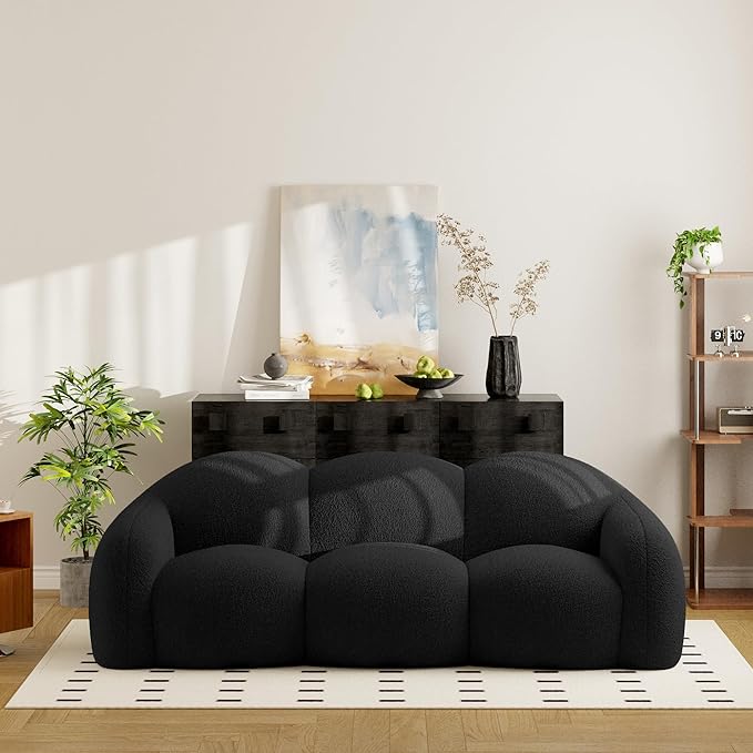 90.55 Inches 3-Seater Sofa Couch Modern Teddy Plush Boneless Sofa in a Box Soft Couches for Living Room Apartment No Assembly for Small Spaces Black