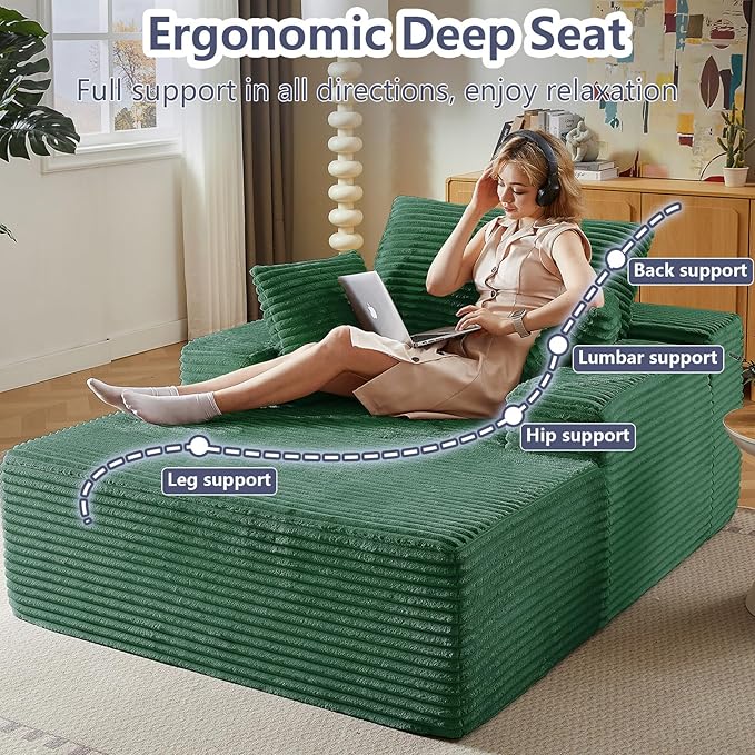 49.2 Oversized Chaise Lounge Chair Indoor Modern Upholstered Deep Seat Sofa Bed Sleeper Couch Reading Chairs Comfy Corduroy Cloud Sofas Couches for Living Room No Assembly Green