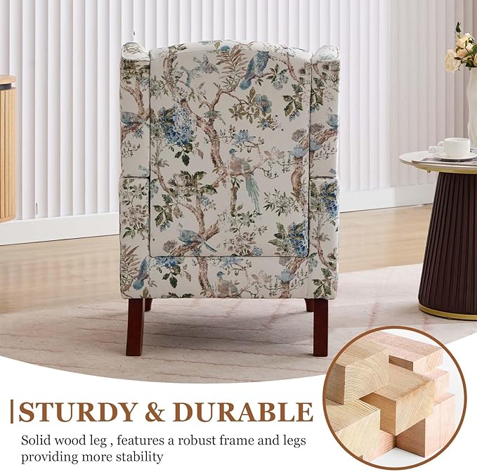 Modern Floral Accent Chair Upholstered Armchair Wingback Chair with Wooden Legs Single Sofa Reading Chair Accent Chairs for Living Room Bedroom Office (Antique Blue)