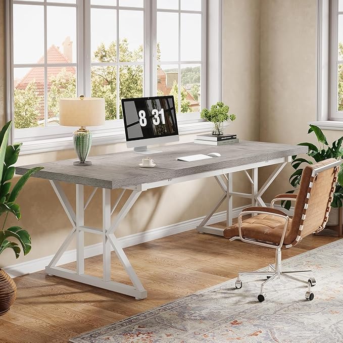 Tribesigns 70.86-Inch Large Executive Desk Industrial Home Office Computer Desk Simple Long Writing Study Table Business Furniture (Grey/White)