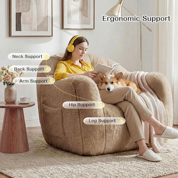 Bean Bag Chair Giant Bean Bag Chair for Adults Shell-Shaped Bean Bag Couch with Armrests &amp Side Pockets Comfy Beanbag Lazy Couch Reading Chair for Bedroom Living Room Khaki