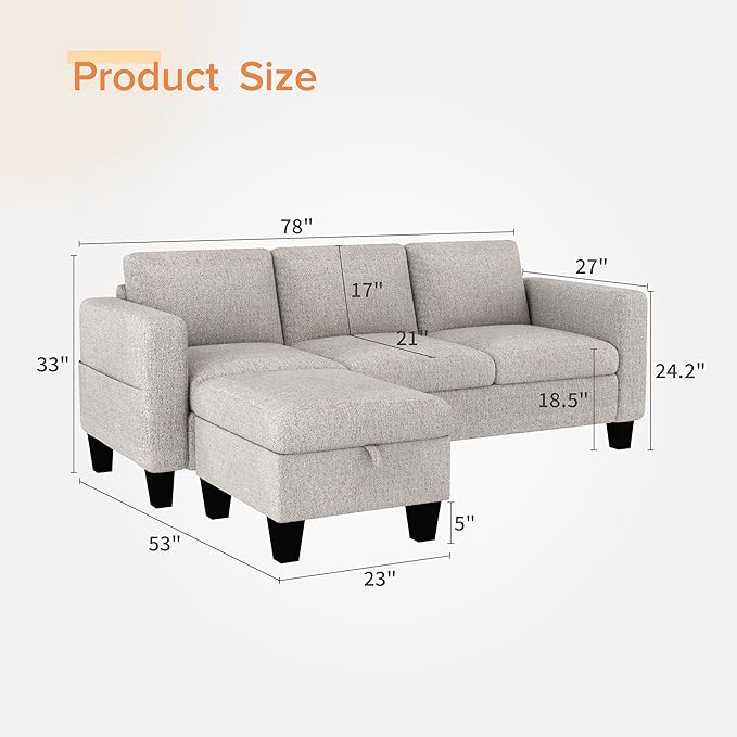ZeeFu Convertible Sectional Sofa Couch 3 Seat L-Shaped Sofa with Movable Ottoman Modern Mocha Brown Velvet Linen Upholstered Small Sectional Sofa Couch for Small Space Apartment Living Room Office