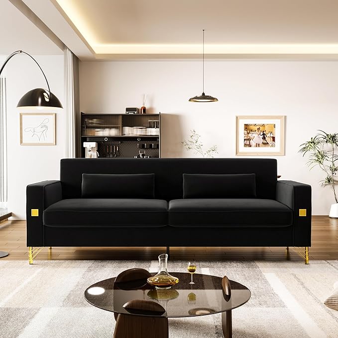 85.63'' Mid-Century Modern Black Velvet Sofa Couch with Metal Gold Legs 3 Seater Tufted Loveseat Couches with 2 Lumbar Pillows for Living Room and Apartment