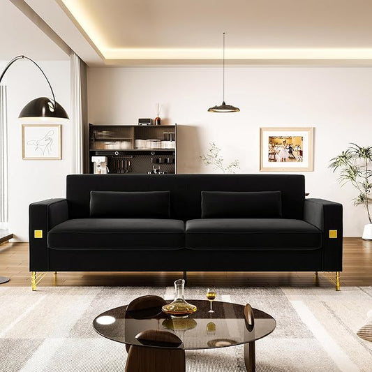 85.63'' Mid-Century Modern Black Velvet Sofa Couch with Metal Gold Legs 3 Seater Tufted Loveseat Couches with 2 Lumbar Pillows for Living Room and Apartment