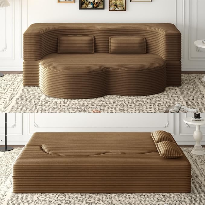 Hommoo Convertible Sleeper Sofa Bed Futon Sofa Folding Mattress Couch Full Size Corduroy 2 in 1 Compression Floor Lounge Couch High Density Foam for Living Room/Guest Room/Apartment Camel