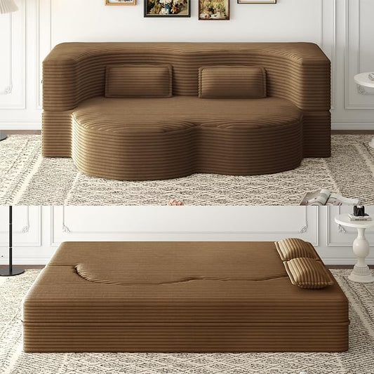 Hommoo Convertible Sleeper Sofa Bed Futon Sofa Folding Mattress Couch Full Size Corduroy 2 in 1 Compression Floor Lounge Couch High Density Foam for Living Room/Guest Room/Apartment Camel