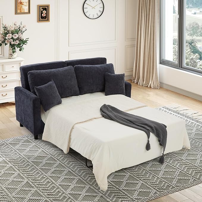 Antetek 72-inch Pull Out Sofa Bed with Mattress Convertible 2-in-1 Folding Full Size Chenille Futon Comfy Loveseat Sleeper Sofa Couch Bed with Square Arms for Guest Room Living Room Bedroom Grey