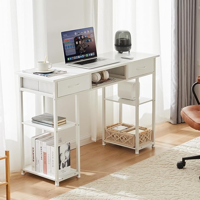 Sweetcrispy Computer Gaming Desk with Fabric Drawers - 48 Inch Home Office Bedroom Writing StudyTable with Storage Shelves Adjustable Feet PC Desk White