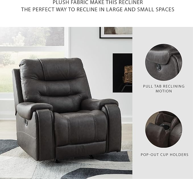Signature Design by Ashley Trumble Modern Faux Leather Manual Rocker Recliner with Track Arms Gray