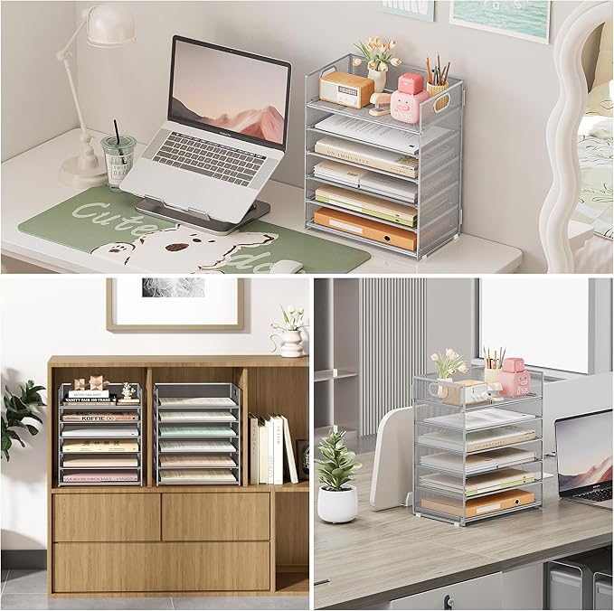 Subekyu 6-Tier Desk Paper Organizer Desktop File Letter Tray with Handle Document Sorter and Accessories Holder for Office Home and School Workspace Organizers Silver - 2 Pack
