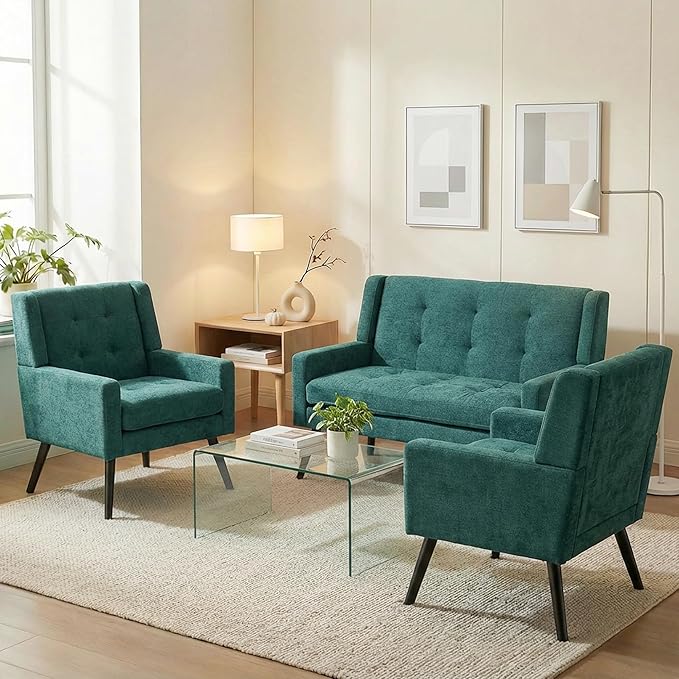 Mid-Century Modern 47 Small Loveseat &amp 2 Accent Chair Set Plush Linen Fabric with Button Tufted High Back &amp Solid Wood Legs for Apartment Living Room Bedroom Home Office (Teal 3-Piece Se