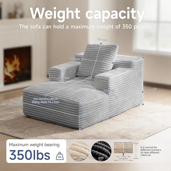 45'' Chaise Lounge Chair Indoor Corduroy Upholstered Boneless Sofa Bed Deep Seat Sleeper Couch Reading Chairs Small Comfy Cloud Sofas Couches for Living Room Bedroom Movie Room (LightGray)