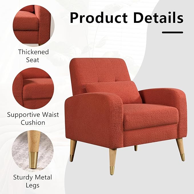 Dolonm Mid-Century Modern Accent Chair Upholstered Armchair Living Room Chair Comfy Single Sofa Chair with Sturdy Legs for Living Room Bedroom Red