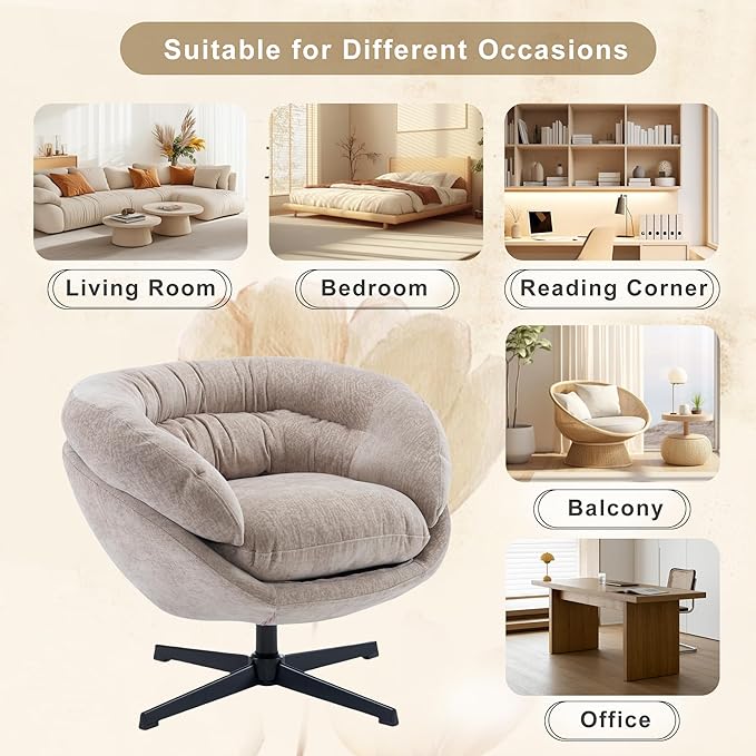 GDFStudio 360° Swivel Club ChairChenille Upholstered Accent Chair with Removable Cushion Round Office Chair with Black Metal BaseModern Reading Chair for Living Room Bedroom Office 27.5 H Brown