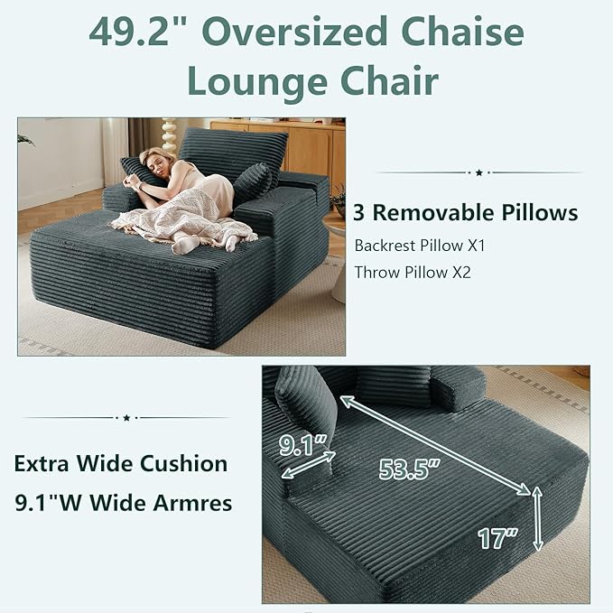 50Oversized Chaise Lounge Chair IndoorCorduroy Boneless Reading Chair with 3 PillowsDeep Seat Cloud Sofa BedComfy Modern Sleeper Chairs in Box for Living Room BedroomNo Assembly(Dark Grey)