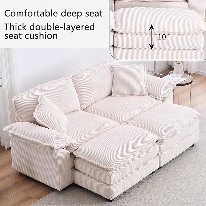 84.6” Corduroy Loveseat with Ottoman Oversized Double Chaise Lounge Chair Indoor Deep Seat Two Seater Couch Cloud Couch Modular Sectional Sofa for Living Room(Corduroy White)