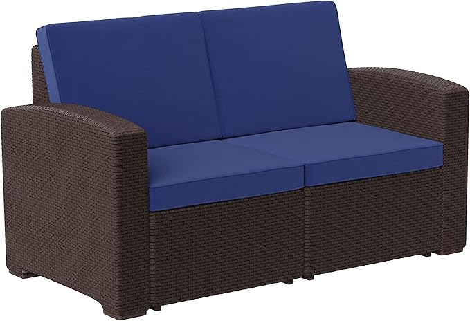 Flash Furniture Seneca Chocolate Brown Faux Rattan Loveseat with All-Weather Navy Cushions