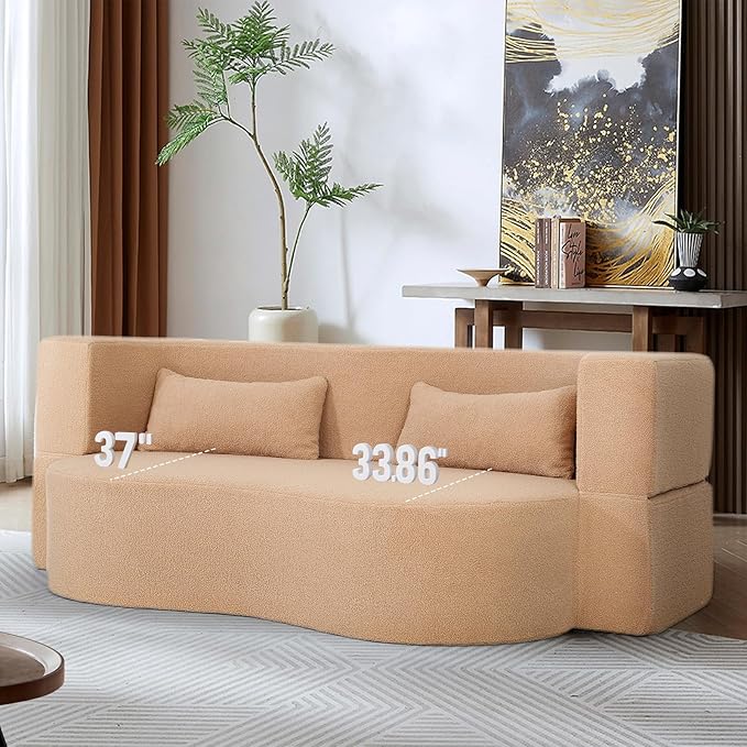 2-in-1 Convertible Sofa Bed 79 Memory Foam Boneless Couch Bed Full Size Love Seat Sleeper Sofa Floor Couch Loveseat with 2 Pillows for Living Room Bedroom Apartment Office (Apricot 79)