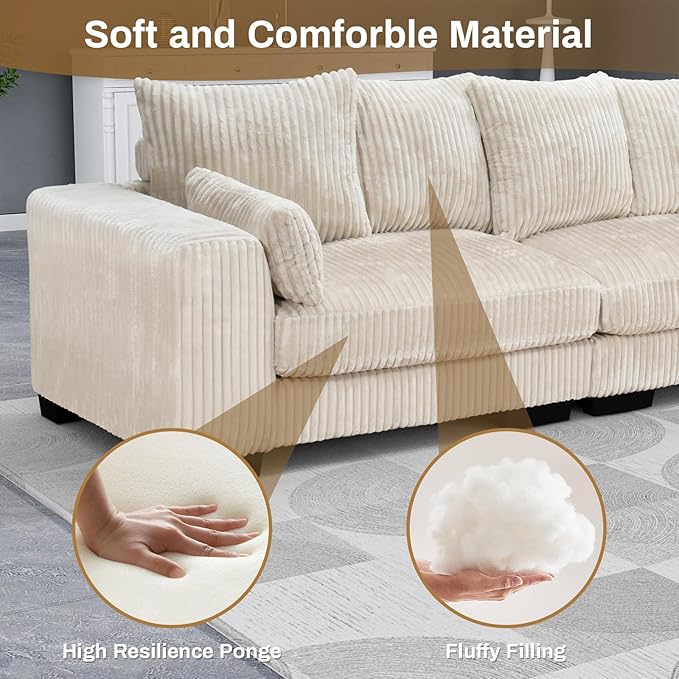 Legend Vansen Modular Sectional Couch Upholstered Corduroy Sofa with Deep Seat and Widened ArmrestsComfy Sectional Couches for Living RoomBedroom (Cream 6 Seat Sofa)