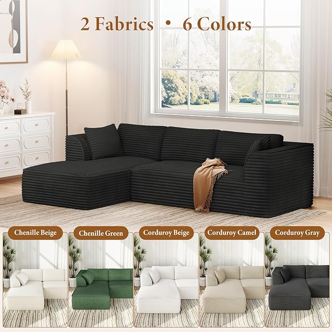 Vesgantti 106 Cloud Sectional Couch with Chaise Deep Seat Comfy Modular Sectional Sofa Corduroy Memory Foam Boneless Couches for Living Room Bedroom No Assembly Required (Black Left-Facing Chaise)