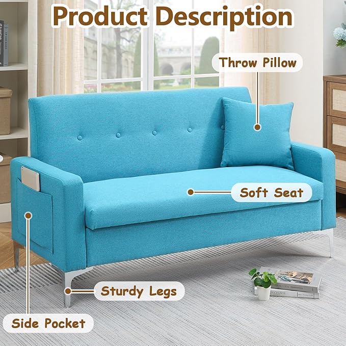 57 Green Loveseat Sofa with Storage Modern Love Seat Couches with Comfy Pillow &amp Side Pocket/Metal Legs Cozy Small Sofas for Small Spaces Living Room Bedroom Office Dorm (Blue) (Blue)