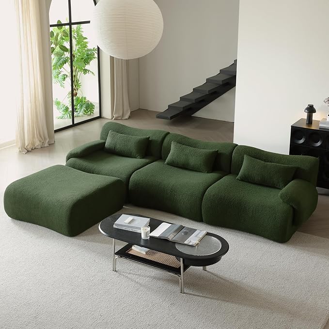 115 Modular Sectional Sofa Deep Seat Teedy Boucle Boneless L-Shaped Sofa Modern Oversized Cloud Couch Sectional for Living Room Apartment No Assembly Memory Foam Throw Pillows Green