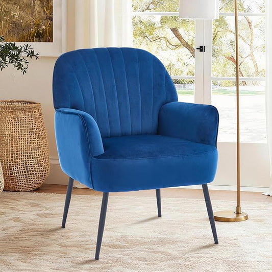 Velvet Accent Chair Upholstered Modern Leisure Single Sofa Side Living Room Chair Comfy Tufted Back Armchair with Metal Legs for Waiting Room/Bedroom/Office/Reading Room Blue