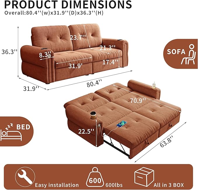 80.4 Convertible Sofa Bed with Cup Holders and Adjustable Backres Chenille Loveseat Sleeper Sofa with Pull Out Bed and USB Charging 3 in 1 Multi-Functional Couches (Orange 80.4-inch)