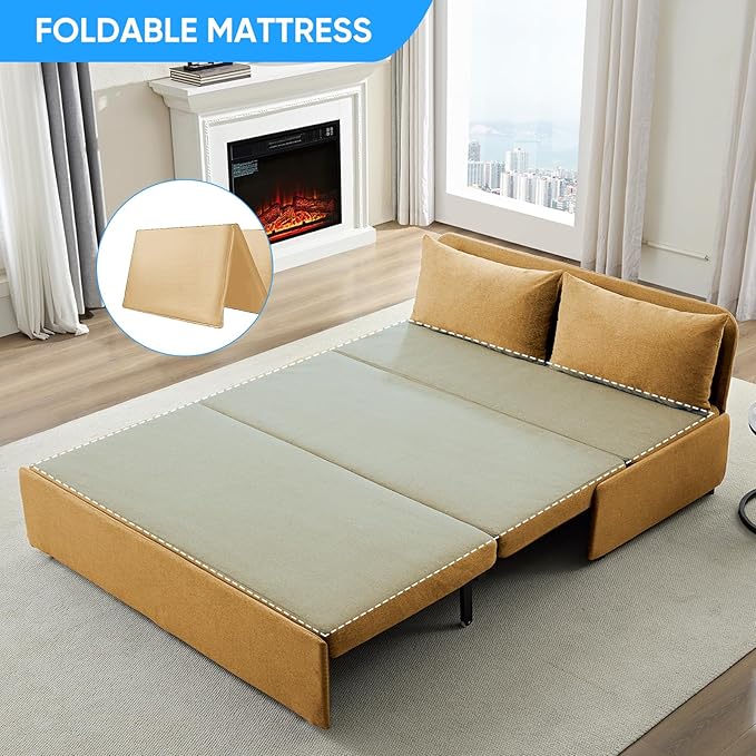 PUREMIND Queen Size Pull Out Sleeper Sofa Bed Linen Convertible Sofa Bed with Foldable Mattress Loveseat Couch Pull Out Bed with 2 Cushions for Small Place Apartment Office Yellow