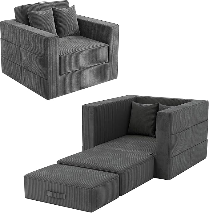 Claiks Convertible Sofa Bed2 in1 Folding Sofa BedArmchair Sleeper Sofa Boneless Corduroy Couch with 2 Pillows Pillows for Living Room BedroomDark Grey