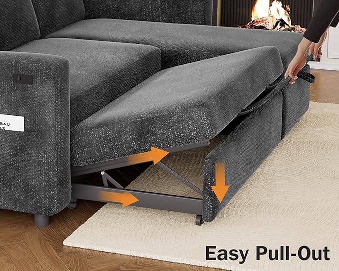 Vipbear 82 Sectional Sleeper Sofa with Pull Out Bed L Shaped Couch Sleeper Sofa Bed Pull Out Couch with Reclining Backrest Reversible Storage Chaise USB Ports Tool-Free Assembly Chenille Grey